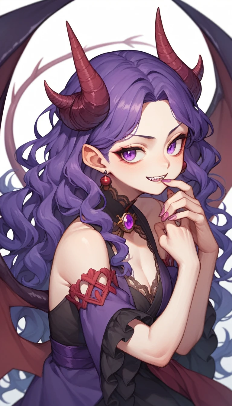 ((Highest quality)), ((masterpiece)), (detailed), (Perfect Face)、The woman is naked and wearing a black wedding dress decorated with gold, the devil queen Shinobu Kochou is a sexy female demon.、The woman is a female demon with magnificent devil horns, jet black devil wings and a jet black tail. She is looking at the camera with a happy expression, her name is Kocho Shinobu, and she has purple hair tied back and the expression of a girl in love.、The woman is Kocho Shinobu
