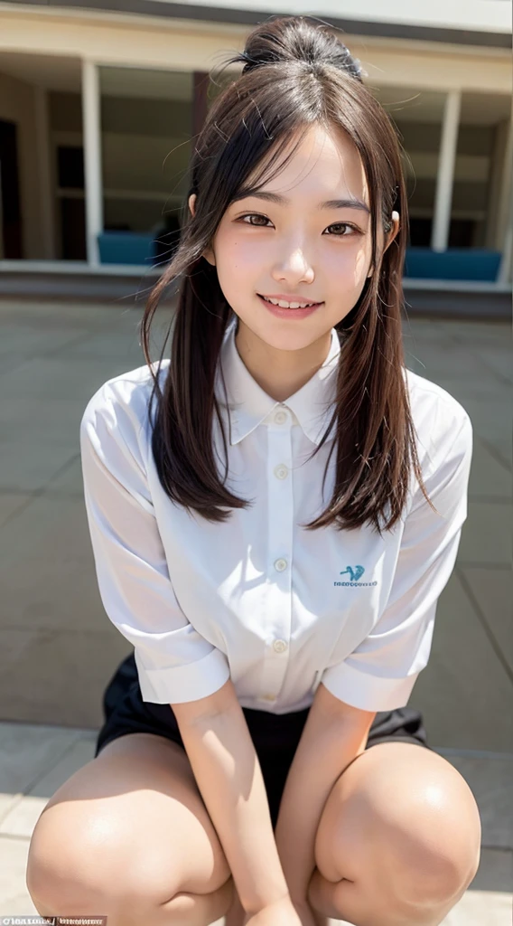 The centerpiece of the image is an 18-year-old girl, with a confident smile. (Anna Sawai's face), ((pony-tail))