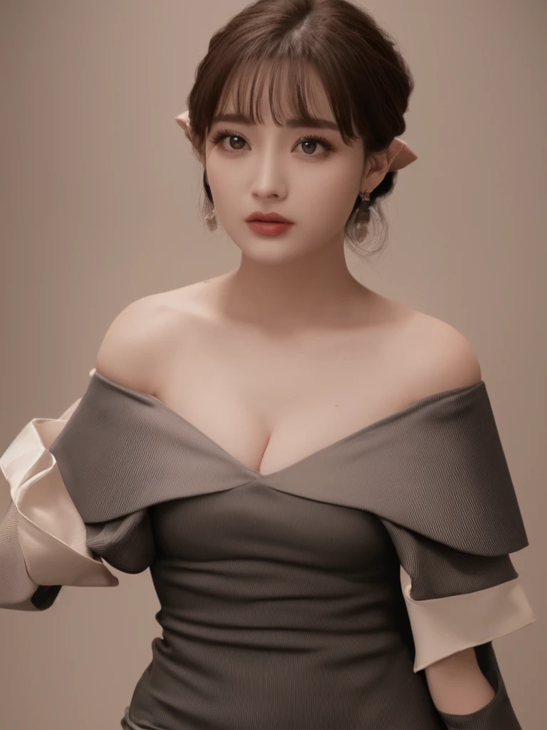 Tabletop、highest quality、shape、Very detailed、finely、High resolution、8k wallpaper、完璧なダイナミックな構shape、Big and beautiful eyes、(Off-the-shoulder dress:1.8)、Beautiful, large, firm breasts that don&#39;t sag、bare clavicle、Naked shoulders、Deep cleavage、(The bust is completely invisible:1.8)、Medium Hair、Light brown hair、Natural color lip、Random sexy poses、A subtle smile with closed mouth、Seaside Background、One girl