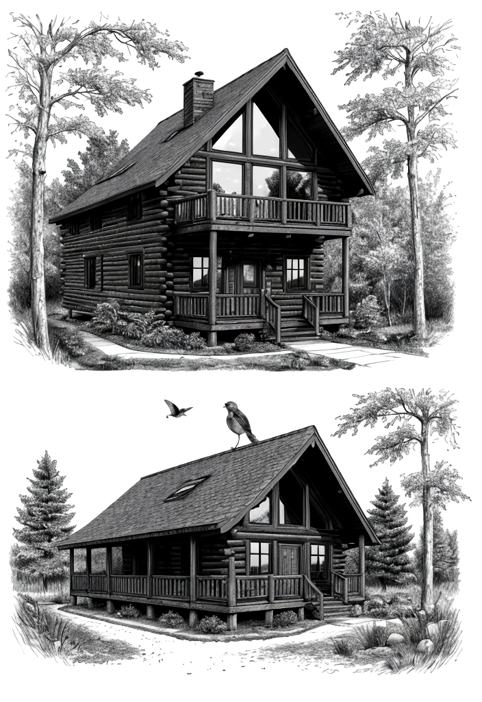 a drawing of a cabin in the woods with a pond and birds flying around, highly detailed illustration.”, very detailed illustration, highly detailed linework, highly detailed illustration, beautiful detailed illustration, clean ink detailed line drawing, full page illustration, highly detailed ink illustration, cottage in the forest, detailed ink illustration, the small house in the forest, whole page illustration, make it black and white