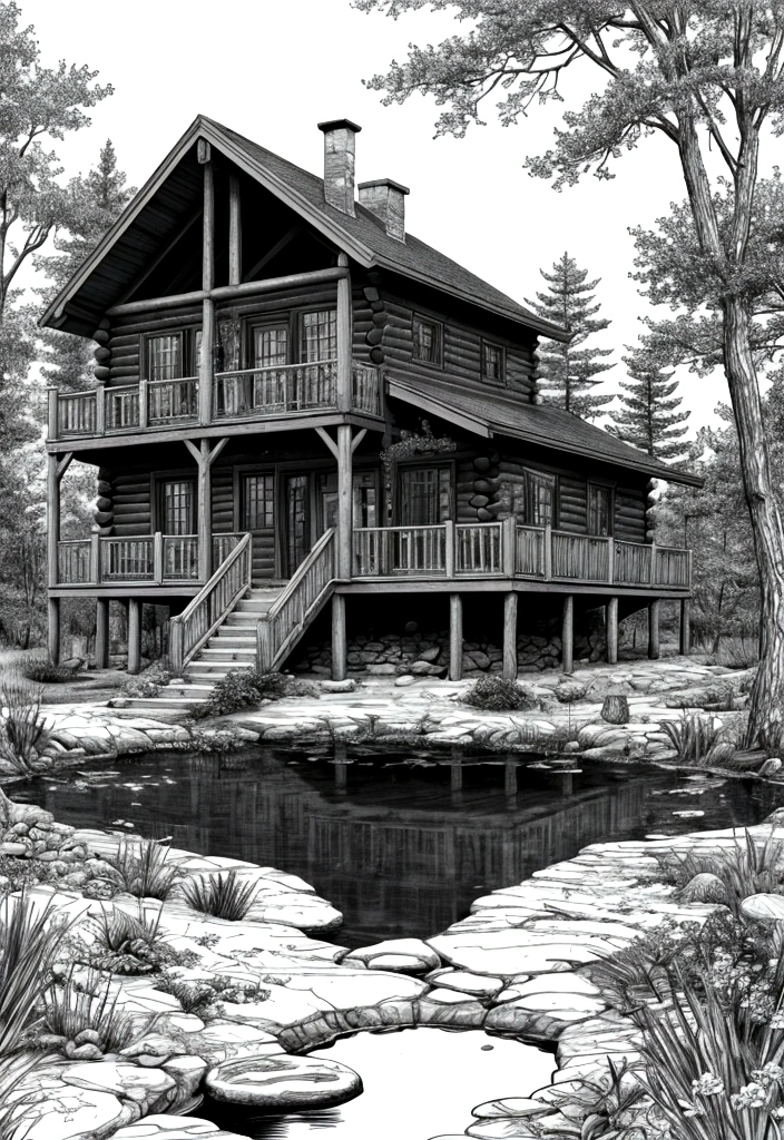 a drawing of a cabin in the woods with a pond and birds flying around, highly detailed illustration.”, very detailed illustration, highly detailed linework, highly detailed illustration, beautiful detailed illustration, clean ink detailed line drawing, full page illustration, highly detailed ink illustration, cottage in the forest, detailed ink illustration, the small house in the forest, whole page illustration, make it black and white