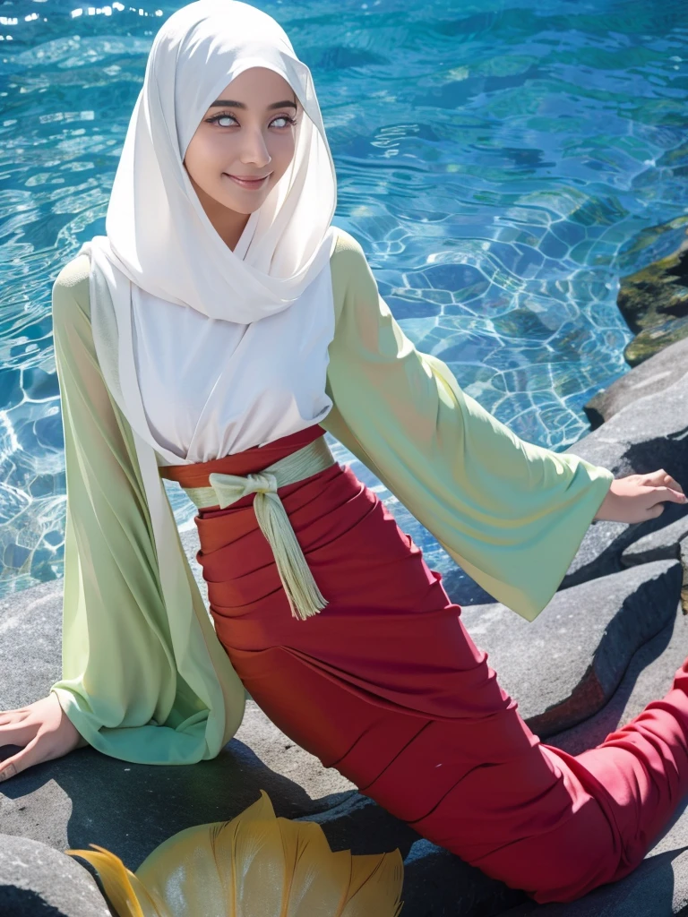 Mermaid, mermaid tail, mermaid tail below waistline, underwater, Full body, RAW photo of 18 year old girl in hijab,Hanabi Hyuga character,realistic depiction,satin abaya,satin,hijab face portrait,neutral background,8k uhd,dslr,soft lighting,high quality,film grain,Fujifilm quality detail, perfect work, facing the camera, half body photo. cute and sweet smile expression. charming ,detail Hijab muslim,detail dres ,detail eyes