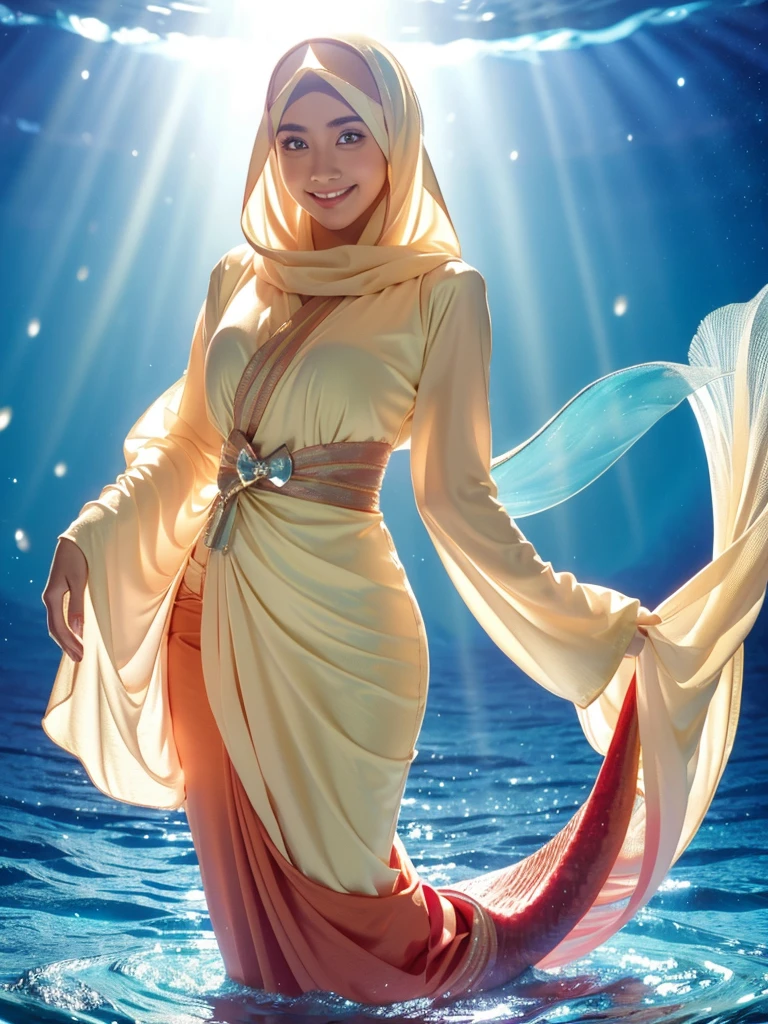 Mermaid, mermaid tail, mermaid tail below waistline, underwater, Full body, RAW photo of 18 year old girl in hijab,Hanabi Hyuga character,realistic depiction,satin abaya,satin,hijab face portrait,neutral background,8k uhd,dslr,soft lighting,high quality,film grain,Fujifilm quality detail, perfect work, facing the camera, half body photo. cute and sweet smile expression. charming ,detail Hijab muslim,detail dres ,detail eyes