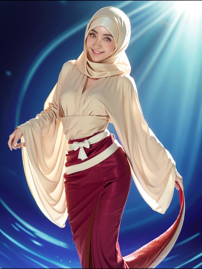 Mermaid, mermaid tail, mermaid tail below waistline, underwater, Full body, RAW photo of 18 year old girl in hijab,Hanabi Hyuga character,realistic depiction,satin abaya,satin,hijab face portrait,neutral background,8k uhd,dslr,soft lighting,high quality,film grain,Fujifilm quality detail, perfect work, facing the camera, half body photo. cute and sweet smile expression. charming ,detail Hijab muslim,detail dres ,detail eyes