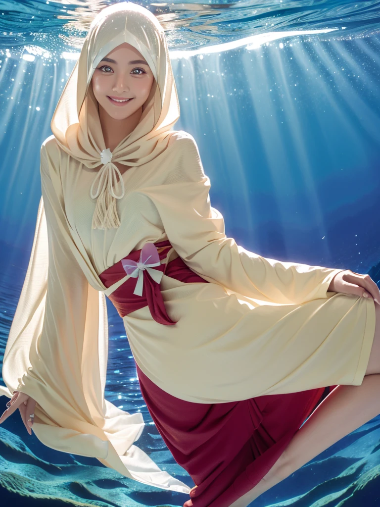 Mermaid, mermaid tail, mermaid tail below waistline, underwater, Full body, RAW photo of 18 year old girl in hijab,Hanabi Hyuga character,realistic depiction,satin abaya,satin,hijab face portrait,neutral background,8k uhd,dslr,soft lighting,high quality,film grain,Fujifilm quality detail, perfect work, facing the camera, half body photo. cute and sweet smile expression. charming ,detail Hijab muslim,detail dres ,detail eyes