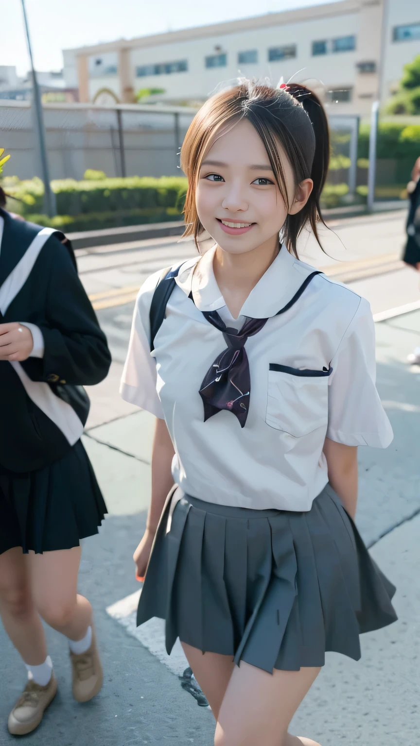 (Realistic、Like a photograph、Live Action、8k, Realistic, RAW Photos, Best image quality: 1.4), Single-lens reflex camera、RAW Photos, highest quality, Realistic, Very detailed CG Unity 8k wallpaper, Written boundary depth, Cinematic Light, Lens flare, Ray Tracing, Realistic background、Many people々:1.4、((high school girl:1.4、school uniform:1.3、Uniform skirt:1.3)、Big Breasts)、((ultra high density skin))、 1 female,Cute high school girl、((Girls cheering in the schoolyard、support、(whole body:1.5)、Smiling at school))、short hair:1.2、Short Ponytail、I like that style、stylish、Very detailed、Pay attention to the details、Perfect outfit、(Sunburned skin)、Beautiful feet:1.1,View from the front