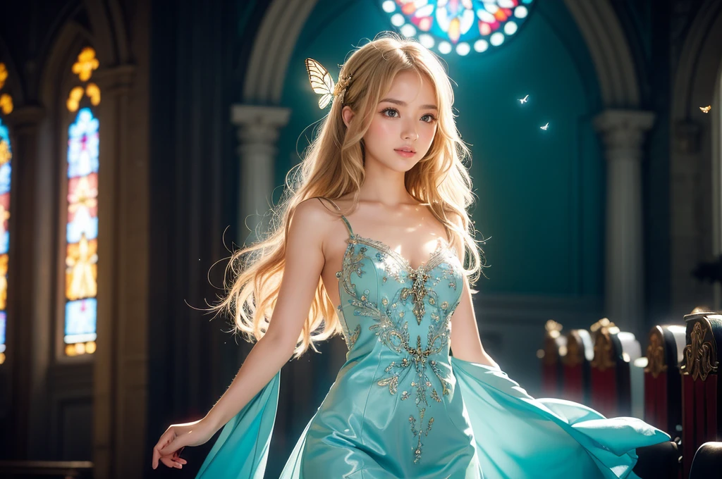 1 girl, masterpiece, Very detailed, ((Cinema Lighting)), (Shine), ((Dramatic lighting)), ((beautiful delicate Shine)), Intricate details, Lens flare, blonde, Long Hair, colorful dresses, butterfly hair ornament, butterfly, (Particles of light), Put your arms behind your back, Mid-chest, [take up], Cowboy Shot, A light smile, Green Eyes, church, Stained glass, Spotlight, Dark Background, Floating Hair, Floating Hair, Looking at the audience,((colorful))