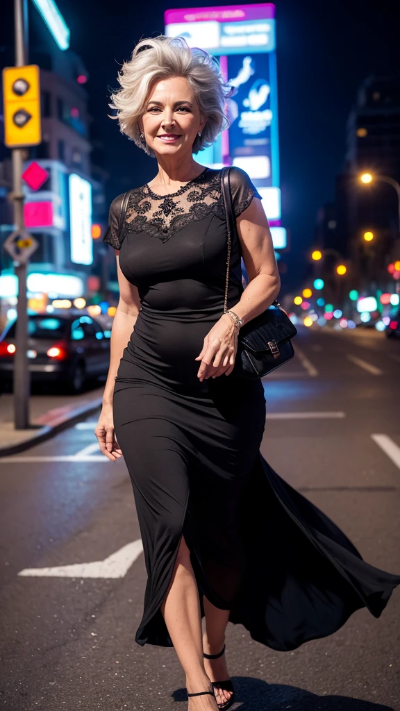 Realistic portrait of a mature woman, 60 years old, wearing a black elegant dress flower motif . Location of street city night views background. She should have a natural appearance, curvaceous forms, blue eyes, gray hair, smile. Shoot this image in high resolution with a 35mm lens to get a good perspective.” Walking in the park at night, walking down the city street at night, Bright colors, Hair fluttering in the wind, mouth wide open,