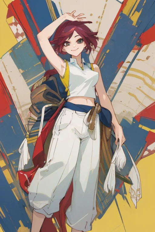 ((highest quality)), ((masterpiece)), (be familiar with),One female,Erect nipples,Sleeveless shirt,pants,Bewitching Smile
