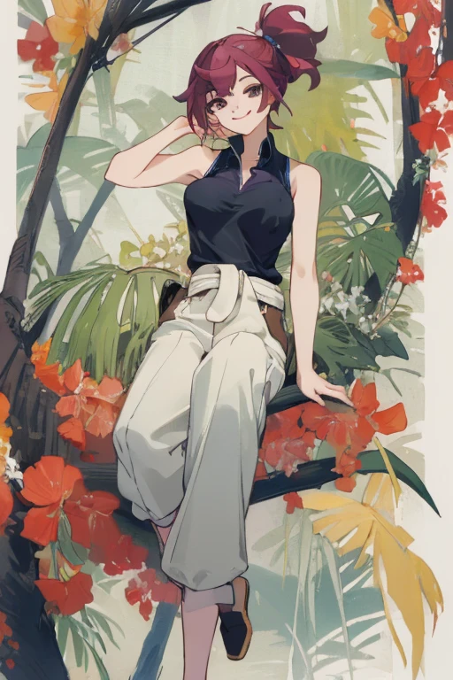 ((highest quality)), ((masterpiece)), (be familiar with),One female,Erect nipples,Sleeveless shirt,pants,Bewitching Smile
