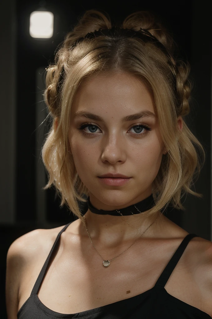 eye contact from a blonde with bun hair and a dark theme