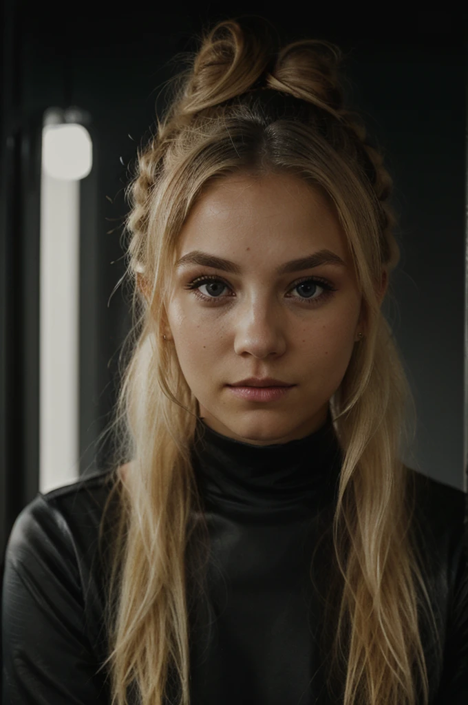 eye contact from a blonde with bun hair and a dark theme