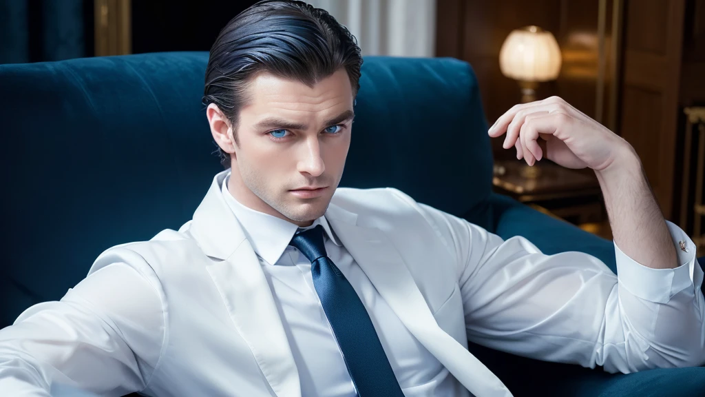 (Elegantly dressed professional man), (Beardless,) (blue eyes) (Portraiture) Beautiful and serious expression., Dark Blue Hair, Elegant and elegant, And a very formal strong white shirt., (Realistic and high quality images), ((Better Quality, 10, Master Parts).