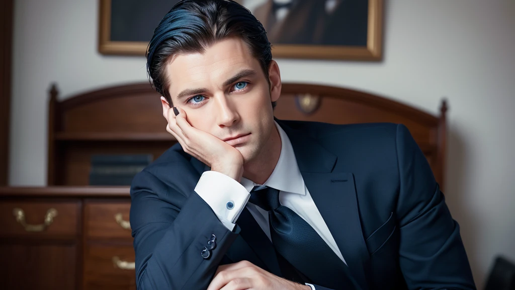 (Elegantly dressed professional man), (Beardless,) (blue eyes) (Portraiture) Beautiful and serious expression., Dark Blue Hair, Elegant and elegant, And a very formal strong white shirt., (Realistic and high quality images), ((Better Quality, 10, Master Parts).