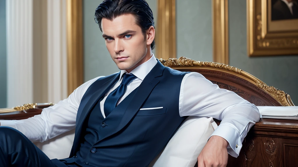 (Elegantly dressed professional man), (Beardless,) (blue eyes) (Portraiture) Beautiful and serious expression., Dark Blue Hair, Elegant and elegant, And a very formal strong white shirt., (Realistic and high quality images), ((Better Quality, 10, Master Parts).