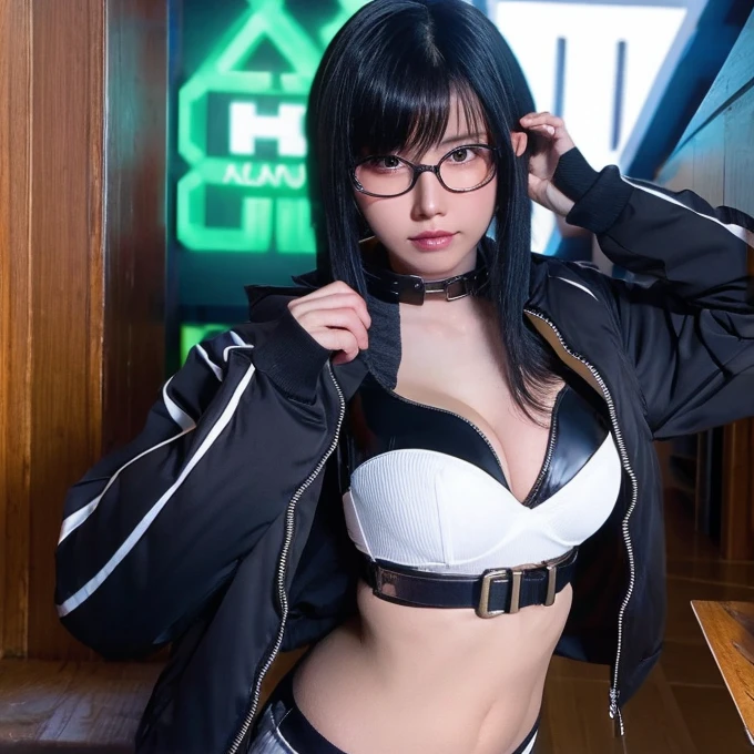 (masterpiece, highest quality), One girl, Black Hair, Glasses, cyber punk, alone, Waist high, Sexy Appearance