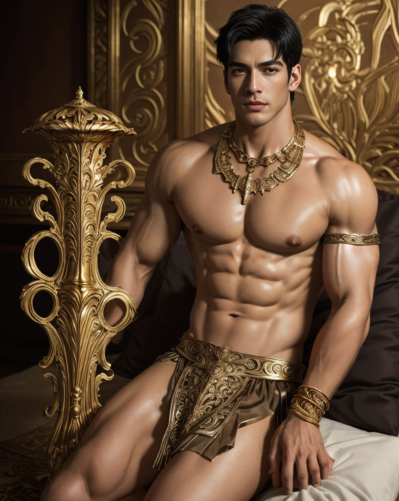 extremely handsome man, not too muscular, short black hair, his lithe body barely covered with shimmering gold and white transparent cloths, exposed chest, exposed legs, chunky gold and ruby statement necklace, gold armbands on his biceps, gold filigreed gauntlets on his forearms, an intricate gold band on his upper thigh, golden anklet, stand of ornate silk cushions, (best quality,4k,8k,highres,masterpiece:1.2),ultra-detailed,(realistic,photorealistic,photo-realistic:1.37)classy,confident, soft warm lights,vibrant,