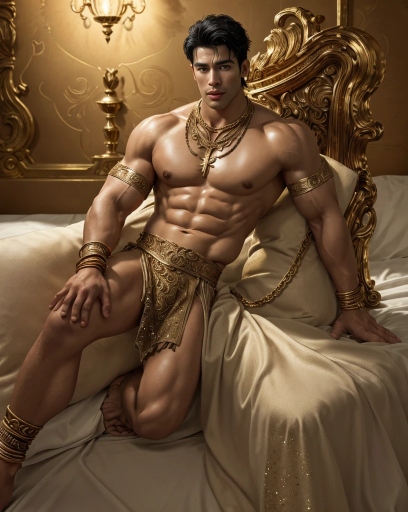 extremely handsome man, not too muscular, short black  hair, his lithe body barely covered with shimmering gold and white transparent cloths, exposed chest, exposed legs, chunky gold and ruby statement necklace, gold armbands on his biceps, gold filigreed gauntlets on his forearms, an intricate gold band on his upper thigh, golden anklet, stand of ornate silk cushions,  (best quality,4k,8k,highres,masterpiece:1.2),ultra-detailed,(realistic,photorealistic,photo-realistic:1.37)classy,confident, soft warm lights,vibrant,