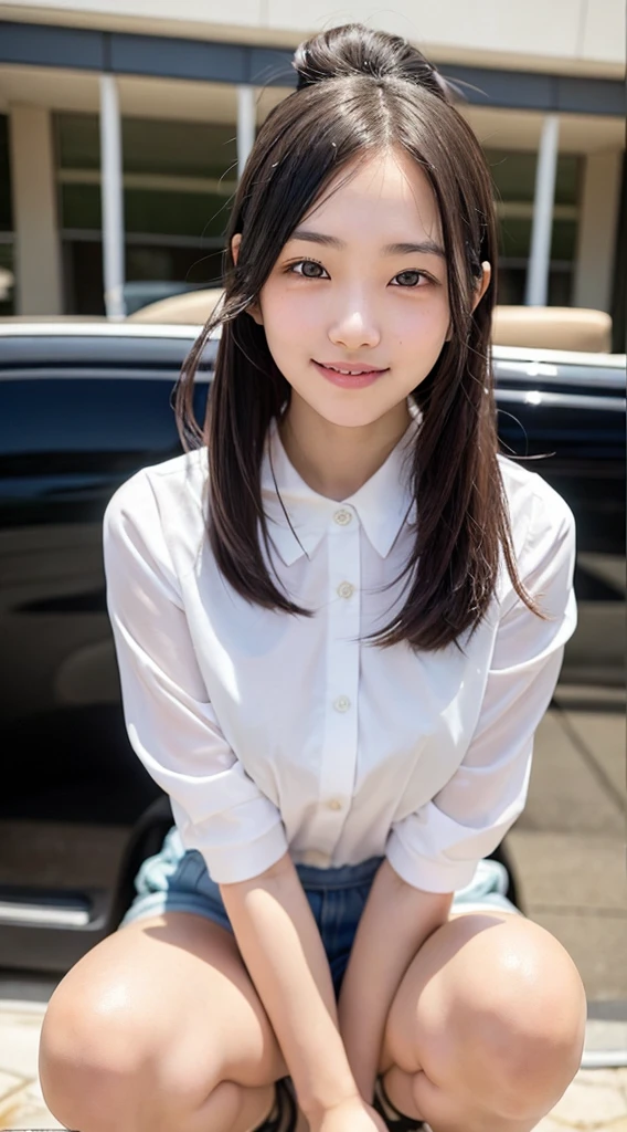 Top quality, Masterpiece, Super high res,(Photorealistic:1.4), Highly detailed, Professional lighting smile, Masterpiece, Top quality, Highly detailed, Octane rendering, Superior,(Japanese girl_woman:1.1),Japanese girl, Woman sitting in car, shot from distance, upper body uniform, in car Woman sitting, car door wide open, showing cunt from inside car, pubic hair black, legs spread wide, crouching, female genitalia exposed