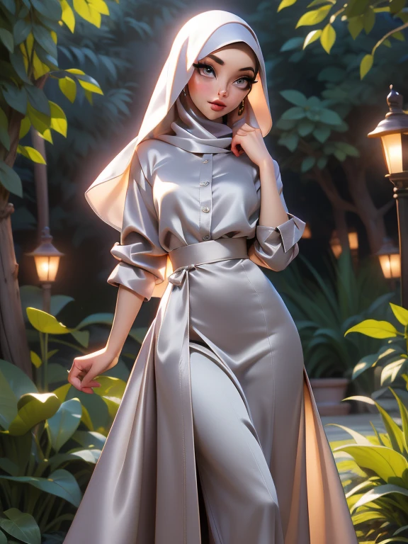 3DMM, ((Masterpiece, best quality, photography)), detailed skin, realistic, photo-realistic, 8k, highly detailed, full length frame, High detail RAW color art, diffused soft lighting, shallow depth of field, sharp focus, hyperrealism, cinematic lighting, hijab, a woman beautifully makeup, bold eyeshadow, beautiful big eyes, Brown eyes, long eye lashes, chubby, wearing ((brown satin hijab), loosely tide hijab style, ((gray satin shirt)), ((satin long dress)), dancing under tree, garden