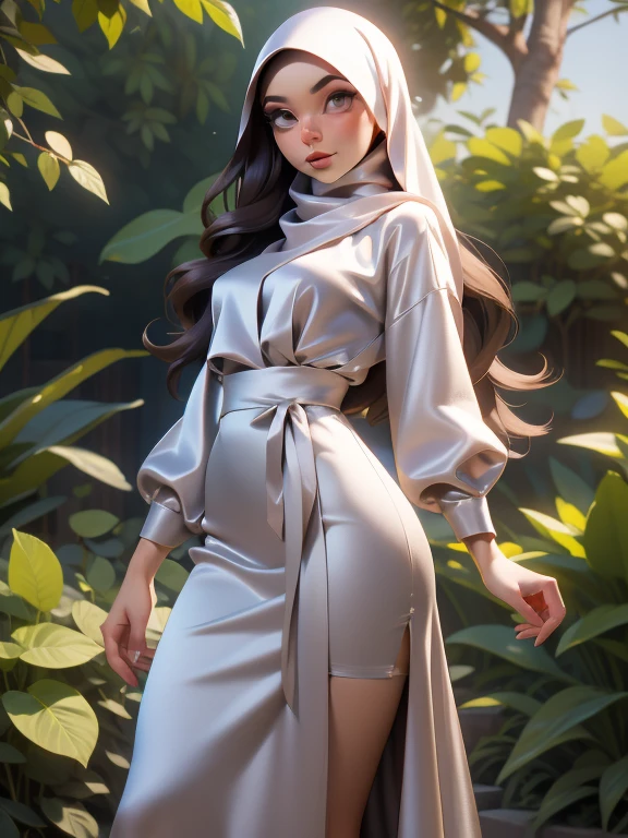 3DMM, ((Masterpiece, best quality, photography)), detailed skin, realistic, photo-realistic, 8k, highly detailed, full length frame, High detail RAW color art, diffused soft lighting, shallow depth of field, sharp focus, hyperrealism, cinematic lighting, hijab, a woman in a beautifully makeup, eyeshadow, beautiful big eyes, Brown eyes, long eye lashes, wearing brown satin hijab), loosely tide hijab style, ((gray satin shirt)), ((satin long dress)), dancing under tree, garden