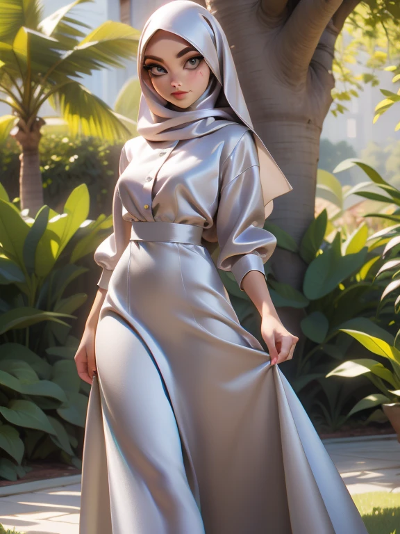 3DMM, ((Masterpiece, best quality, photography)), detailed skin, realistic, photo-realistic, 8k, highly detailed, full length frame, High detail RAW color art, diffused soft lighting, shallow depth of field, sharp focus, hyperrealism, cinematic lighting, hijab, a woman in a beautifully makeup, eyeshadow, beautiful big eyes, Brown eyes, long eye lashes, wearing brown satin hijab), loosely tide hijab style, ((gray satin shirt)), ((satin long dress)), dancing under tree, garden