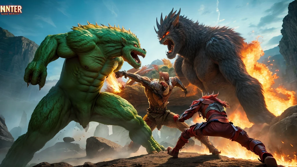 a giant monster on the left, 4 people attacking the monster on the right