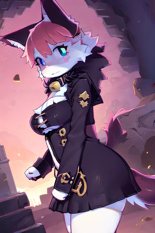 1girl, massive breasts and hips and butt, any eye color and pupil  [heterochromia allowed), any outfit, doing anything and any pose, anywhere, alone, full face blush, any angle, cat [furry] [[High quality Masterpiece]], any fur color and patterns, bell collar, undersized outfit