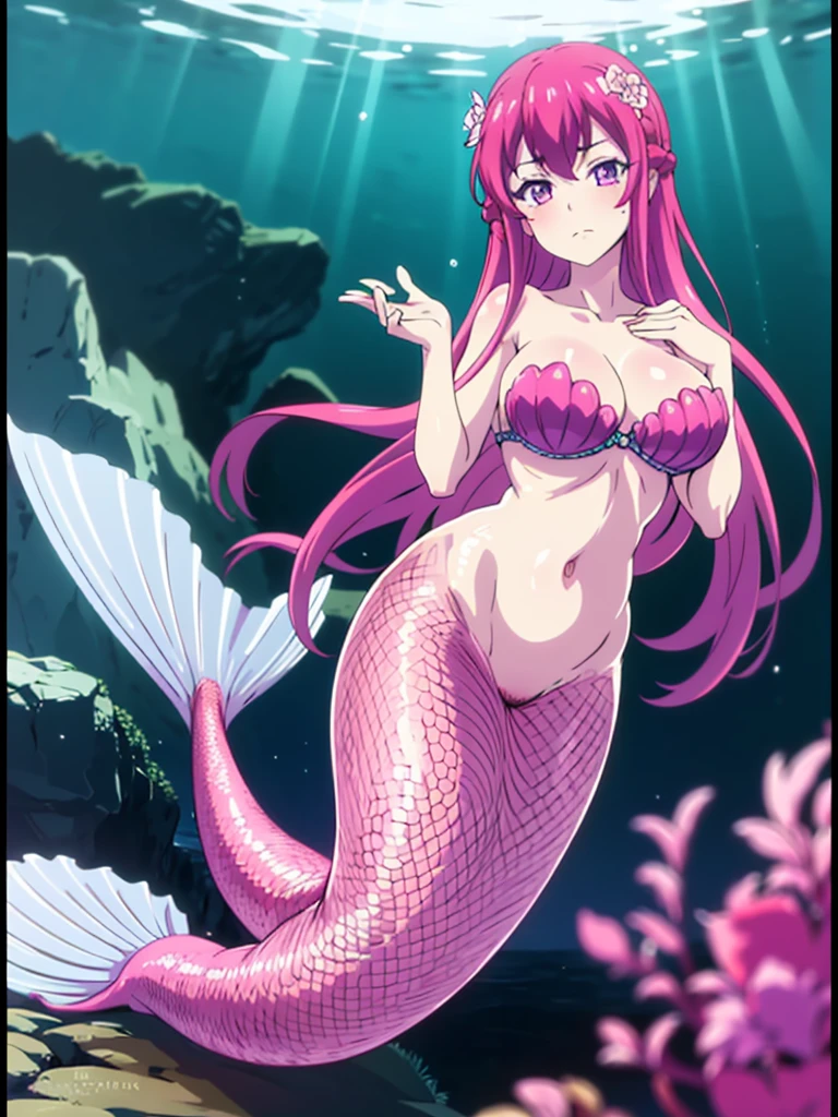 Mermaid, underwater sea, long mermaid tail below waistline, fins ears, red fish scales on skin, underwater, gigantic breasts, bra, skirt, 1girl, solo, long hair, blush, hair ornament, hair between eyes, purple eyes, pink hair, braid, hair flower, cute, looking at viewer,