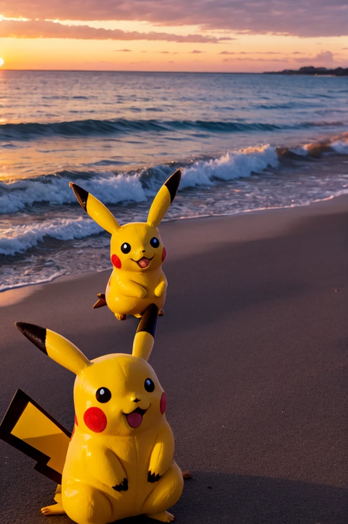 Create an illustration on the beach where Pikachu, with proportions similar to those of a human being, is exchanging a little stamp with a beautiful girl. All around, some girls are showing jealousy towards her. Make sure the main focus is on Pikachu and the girl, avoiding any interference that might divert attention. The scenery should portray a charming beach, with details such as white sand, calm sea and coconut trees in the background. Highlight the feeling of relaxation and fun with colorful umbrellas and typical elements of a beach. Remember that Pikachu is the only one of its kind present on the beach, and there are no other Pikachu, not even in toy form. Ensure that the illustration reflects this rule, reinforcing that Pikachu is unique and special in this context. Keep the beach atmosphere consistent by avoiding elements that might distract from the main scene. There should be no additional elements or characters that are not related to the interaction between Pikachu, the girl, and the jealous girls. Use parentheses to highlight relevant information and ensure that the prompt is followed according to the mentioned restrictions. Create an engaging and romantic illustration, depicting Pikachu and the girl in a moment of exchange of seals on the beach, with the girls showing jealousy. Remember that Pikachu is the only one of its kind present on the beach. I look forward to seeing the end result and sharing it with the creator. - --auto --s2