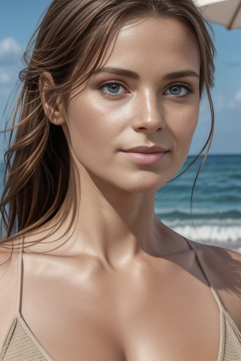 photorealistic upper body ;Une belle femme de 35 anS ,au yeux marron clair regard perçant illuminé par la lumière du soleil .The background should be realistic beach. Capturez cette image avec une photographie haute résolution utilisant  une perspective flatteuse, photo de face