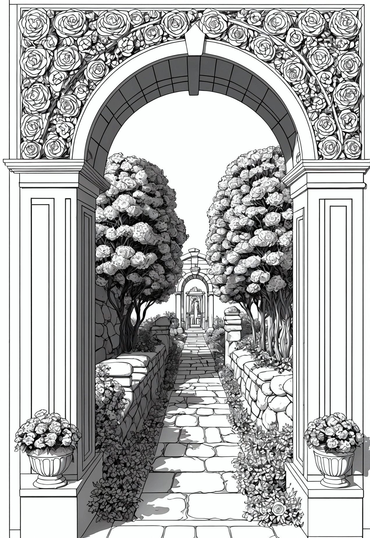 grey and white only, Book page coloring art, All-white background, Use only outlines, line art, coloring book, Clean line art, For coloring Simple and clean line art, coloring book page, perfect symmetric details, Stone Pathway: A winding stone pathway leading through a lush garden with blooming flowers, an archway covered in climbing roses, and a wooden bench.