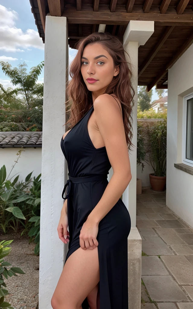 Attractive woman with very long brown hair, in the style of pop inspo, jagged edges, catcore aesthetic, underexposure, soft edges, wearing a sleek black dress that accentuates her summer body and wavy locks, 27 years old, innocent face, bend at the waist casually posing with a prop, high-resolution image, meticulously crafted masterpiece, intricately detailed, sharp focus, ultra-realistic texture of both hair and skin, expressive and detailed eyes, professionally executed, 4k resolution, captivating smile, shot with a Kodak Z 85mm lens, isometric perspective, minimalist yet vibrant summer