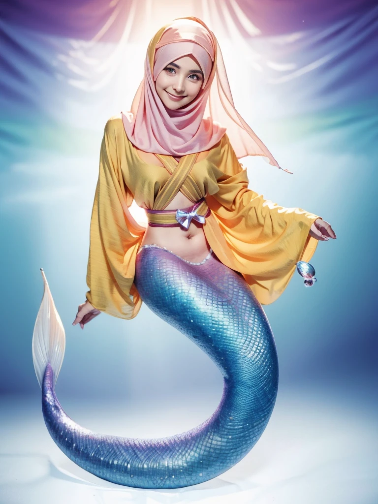 Mermaid, mermaid tail, mermaid tail below waistline, underwater, Full body, RAW photo of 18 year old girl in hijab,Hanabi Hyuga character,realistic depiction,satin abaya,satin,hijab face portrait,neutral background,8k uhd,dslr,soft lighting,high quality,film grain,Fujifilm quality detail, perfect work, facing the camera, half body photo. cute and sweet smile expression. charming ,detail Hijab muslim,detail dres ,detail eyes