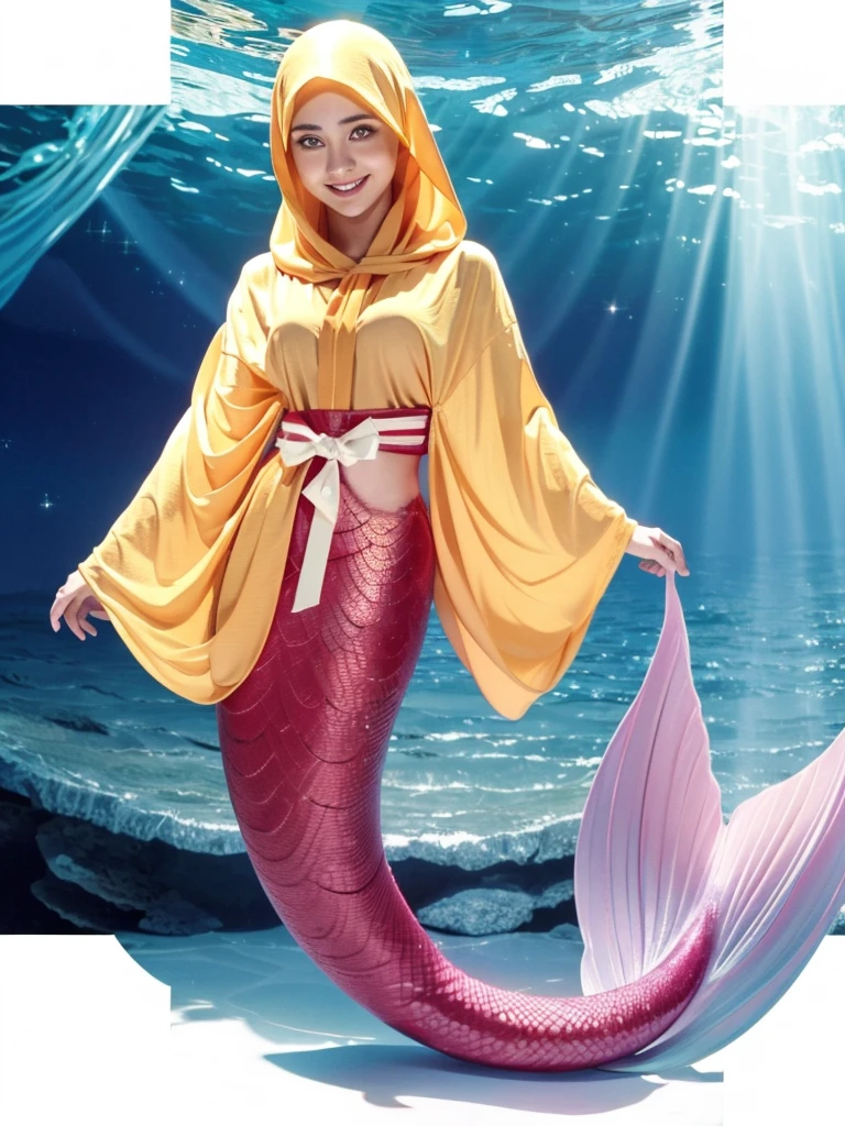 Mermaid, mermaid tail, mermaid tail below waistline, underwater, Full body, RAW photo of 18 year old girl in hijab,Hanabi Hyuga character,realistic depiction,satin abaya,satin,hijab face portrait,neutral background,8k uhd,dslr,soft lighting,high quality,film grain,Fujifilm quality detail, perfect work, facing the camera, half body photo. cute and sweet smile expression. charming ,detail Hijab muslim,detail dres ,detail eyes