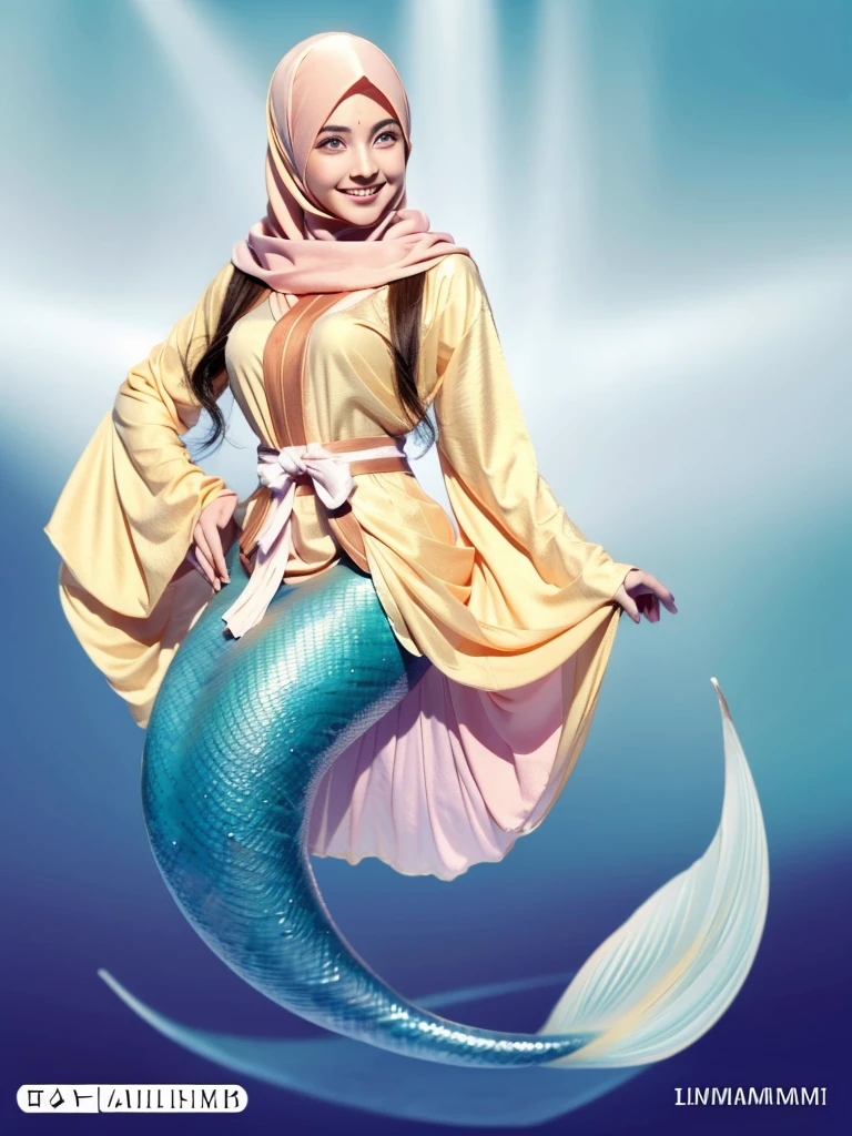 Mermaid, mermaid tail, mermaid tail below waistline, underwater, Full body, RAW photo of 18 year old girl in hijab,Hanabi Hyuga character,realistic depiction,satin abaya,satin,hijab face portrait,neutral background,8k uhd,dslr,soft lighting,high quality,film grain,Fujifilm quality detail, perfect work, facing the camera, half body photo. cute and sweet smile expression. charming ,detail Hijab muslim,detail dres ,detail eyes