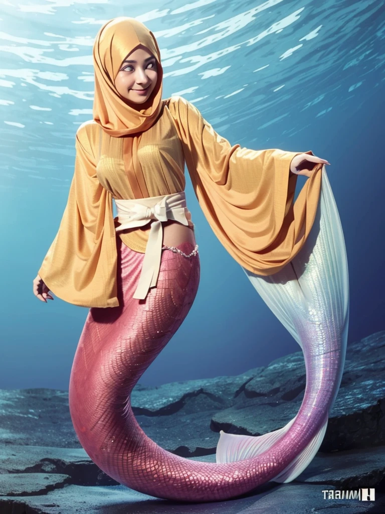 mermaid, water, hijab, blue eyes, pink hijab, full body, swim,