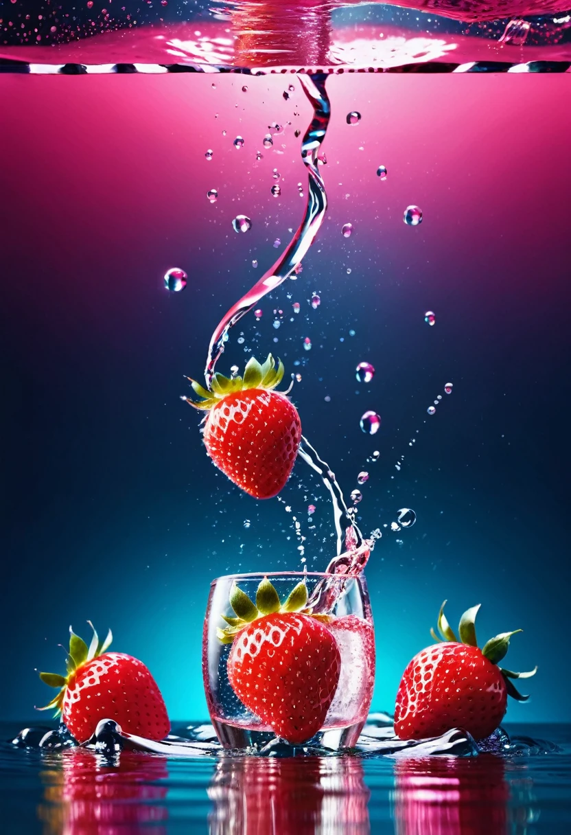 refrescante, fresa brillante vibrante, flotando en el agua, dew drops, pink lighting, brilla en el agua, refrescante , in the style of a product hero filmed in motion, dynamic magazine advertisement image, photorealism, fondo de agua que fluye, luz solar, brillando en el agua