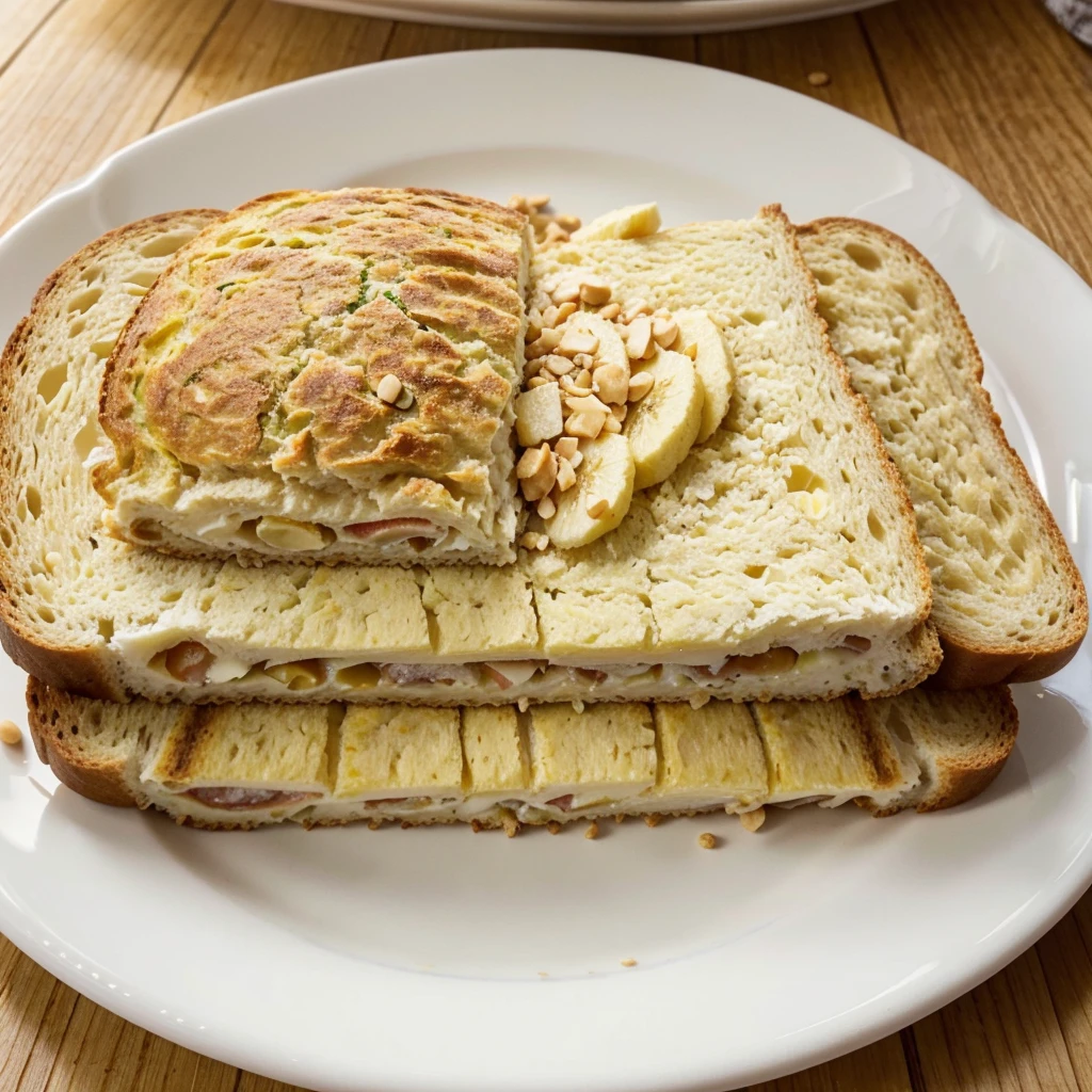 ultra realistic close up image of a round white plate with 1 whole omelet, three slices of whole grain bread a sliced ​​medium banana and a tablespoon of peanut butter
