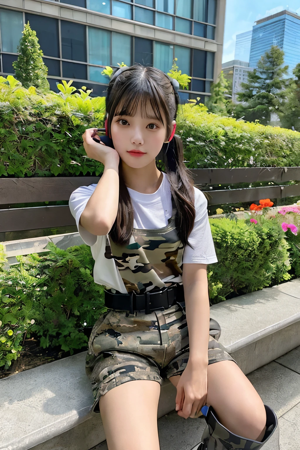 One girl、black hair、ponytail(High position)、Wearing headphones、Camouflage、belt(black)、Lean the rifle against the bench、Turn face to the side、Shorts(gray)、Laced boots(gray)、garden、Sit on a bench、Diagonal view from below、I can see the sky