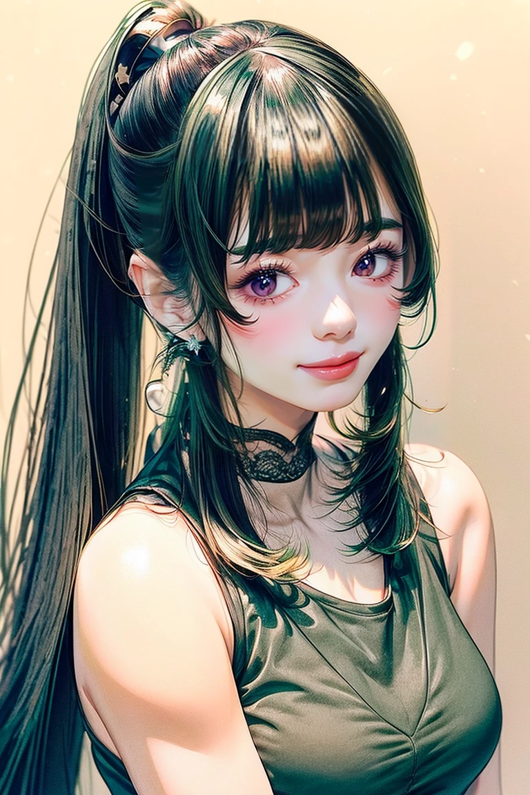((Classic blunt bangs:1.1)),Blunt Bangs Hairstyles, blunt bangs round face, Blunt bangs korean, aesthetic korean bangs, Blunt Cut Bangs Straight Long Hair,((High Ponytail:1.5)),(((Blunt bangs,Straight bangs:1.1))),(((Very long dark green hair, Ridiculously long dark green hair:1.1))) snake tattoo wrapped around right arm, sexy halter top, brown shorts, face like natty