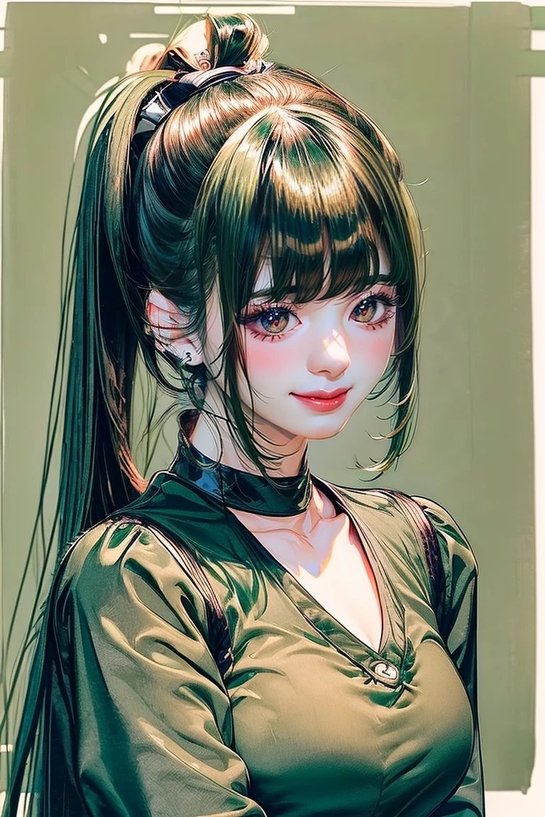 ((Classic blunt bangs:1.1)),Blunt Bangs Hairstyles, blunt bangs round face, Blunt bangs korean, aesthetic korean bangs, Blunt Cut Bangs Straight Long Hair,((High Ponytail:1.5)),(((Blunt bangs,Straight bangs:1.1))),(((Very long dark green hair, Ridiculously long dark green hair:1.1))) snake tattoo wrapped around right arm, sexy halter top, brown shorts, face like natty