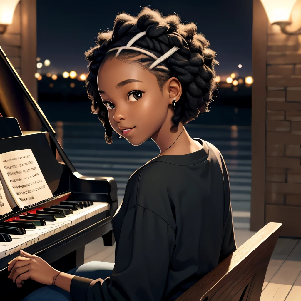 masterpiece, best quality), deep ebony 1girl, beautiful face, short Afro braids , cute, , beautify, Lofi vibe,, cute night vibe, concentrated, hands outside of the picture, Christian ,church vibe , smart white dressclothing, cute look, clothing is dry and baggy, small breasts, vibe, cute smile, sat playing piano, picture seen from her back, piano, seen from a medium distance