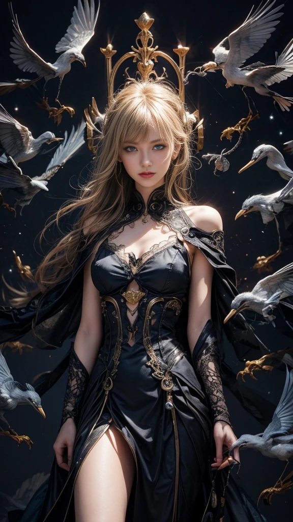 Wizard girl. Very pretty 24 years old,
(((masterpiece, best quality, raw photo, photorealistic, depth of field, ultra detailed, detailed face, very precise blue eyes))), Dynamic Action Pose, Invoke Magic, Mechanical Magic Weapons, very slender long legs, lace stockings on the knee, steampunk headgear, fluttering lace flared white mini skirt, off-shoulder white fashion with a fusion of detailed and intricate steampunk and detailed white gothic lolita, (((Very slender body, long, thin limbs))), upward and beautiful small breasts, (((Thick bangs))), (((princess cut))), Clean long blonde hair, long vertical curly hair, wind driven, futuristic complex steampunk factory background, infinite dark universe, flying celestial bodies, countless celestial neon lights raining down from the heavens, cinematic lighting decoration.