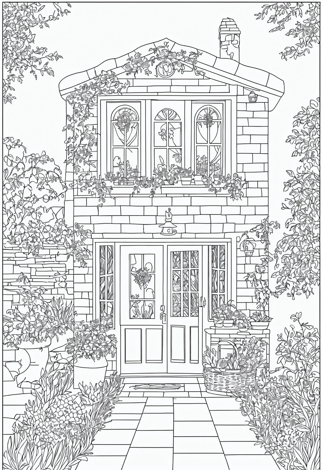 grey and white only, Book page coloring art, All-white background, Use only outlines, line art, coloring book, Clean line art, For coloring Simple and clean line art, coloring book page, perfect symmetric details, Countryside Bakery: A rustic bakery with a stone oven outside, loaves of bread cooling on racks, and a flower garden in the front yard.