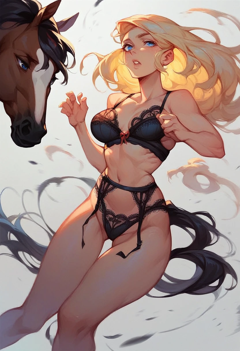 score_9, score_8_up, score_7_up, score_6_up, score_5_up, score_4_up, ((Digital art)), blonde hair, blue eyes, sexy, french woman, ((black lingerie)), chasing, ((black horse)),