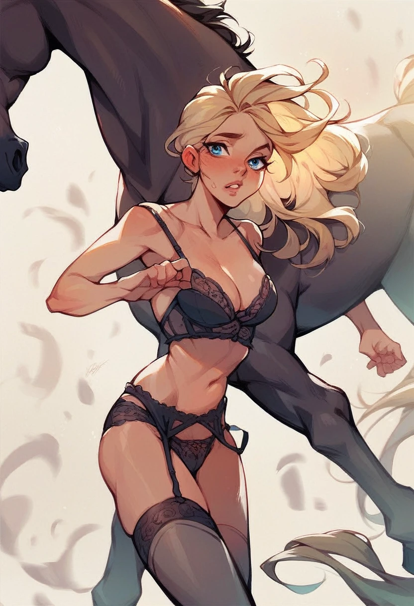 score_9, score_8_up, score_7_up, score_6_up, score_5_up, score_4_up, ((Digital art)), blonde hair, blue eyes, , french woman, ((black )), chasing, ((black horse)),