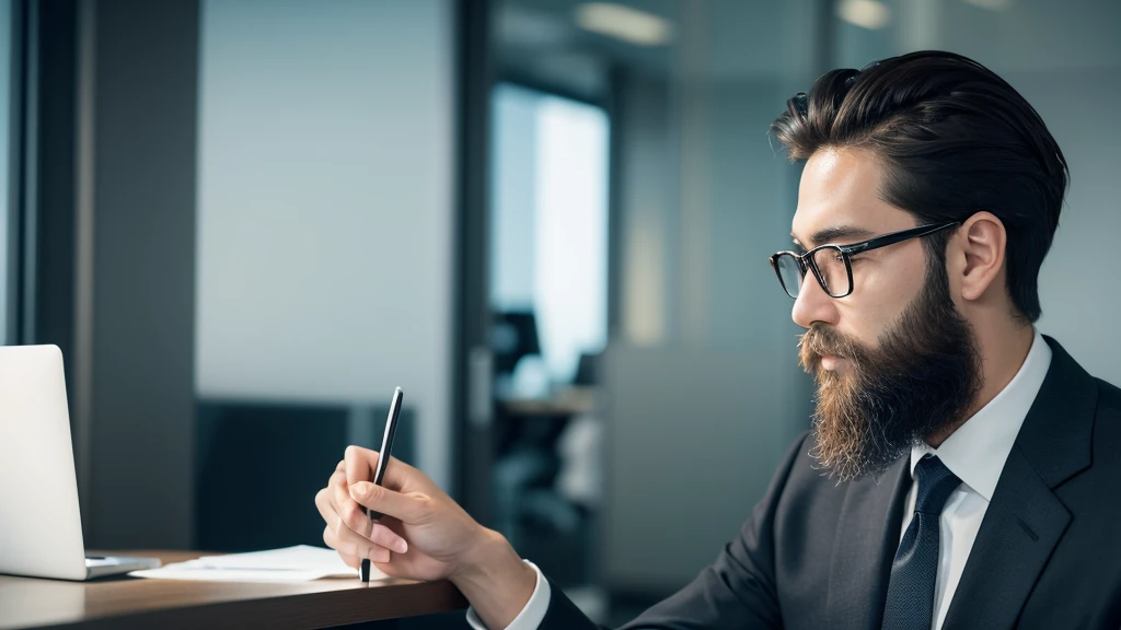 suitを着た美しい男性 , Beautiful beard , short hair, Sexy executive man, suit, fondo de office, office, elegant, Detailed face, office elegant,