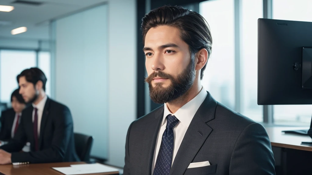 suitを着た美しい男性 , Beautiful beard , short hair, Sexy executive man, suit, fondo de office, office, elegant, Detailed face, office elegant,