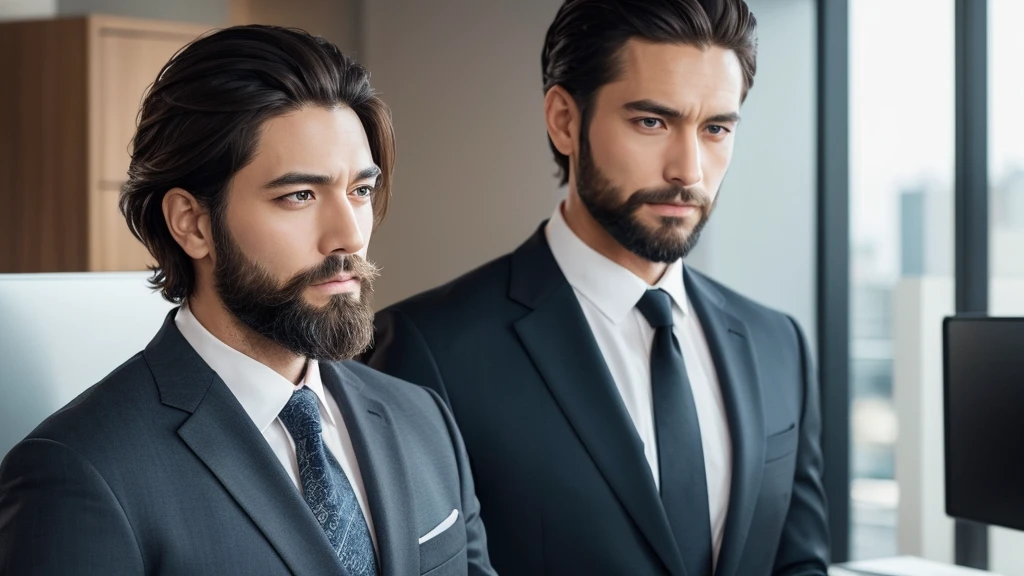 suitを着た美しい男性 , Beautiful beard , short hair, Sexy executive man, suit, fondo de office, office, elegant, Detailed face, office elegant,